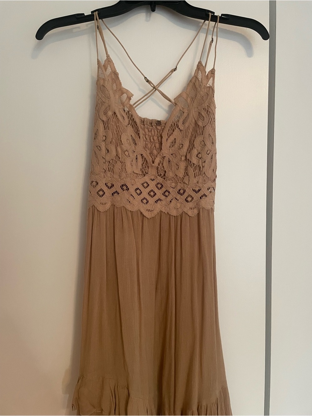 Lace Bodice Spaghetti Strap Mini Dress in Tan Free People